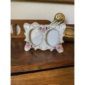 Vintage Porcelain Hand Painted Double Frame White Gold Frame With Floral Detail